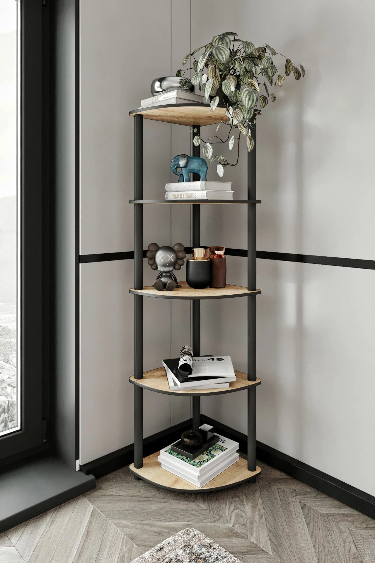 Raft këndi për libra, ngjyrë lisi, Skye Decor, 5 nivele