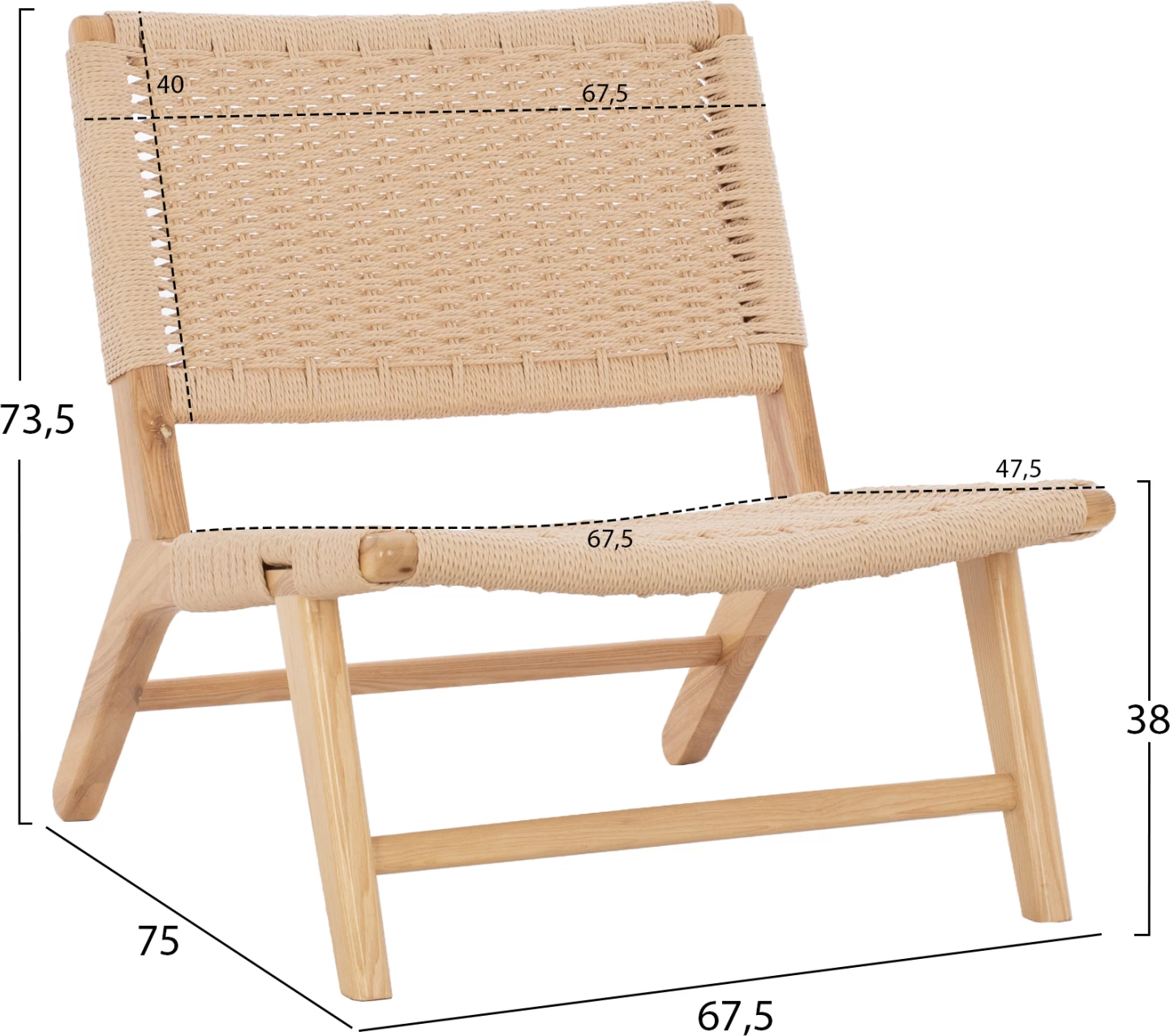 Karrige ANIKA pa krahë, dru, litar i thurur, FH8917.01, 67.5x75x73.5 cm