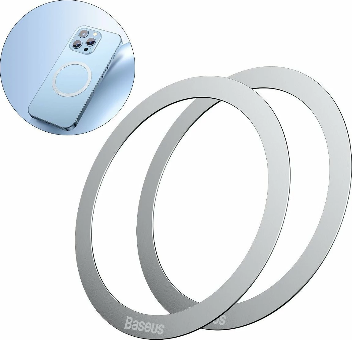 Unazë magnetike Baseus Magnetic Halo Series PCCH000012, adapter MagSafe/Qi, 0.4 mm, argjend, set 2 copë
