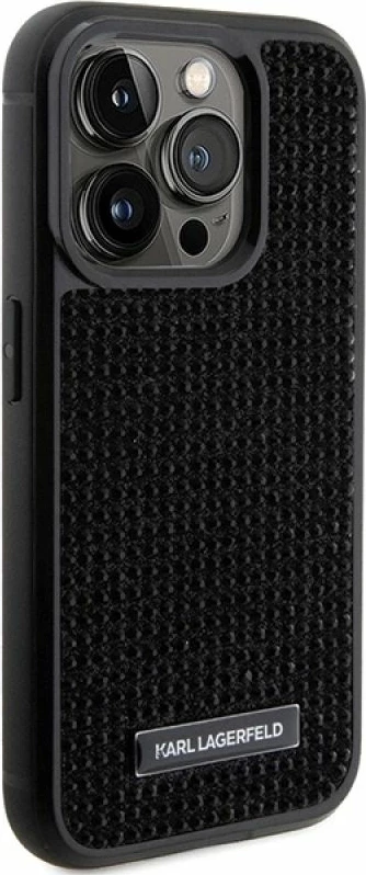 Mbrojtëse telefoni Karl Lagerfeld Rhinestone Logo Metal Plate për iPhone 15 Pro, e zezë