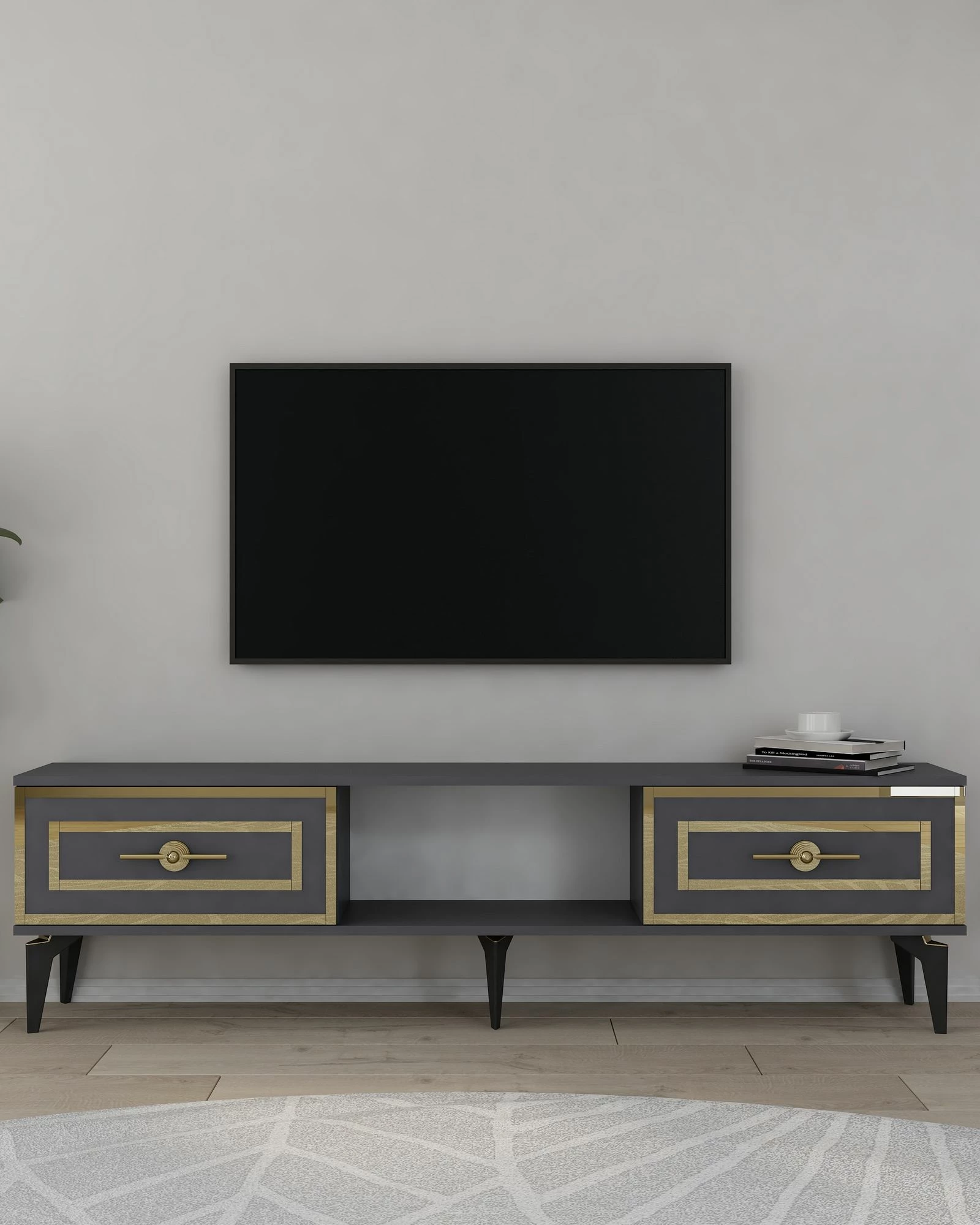Komodë TV Skye Decor, ngjyrë viola-antracit, detaje ari