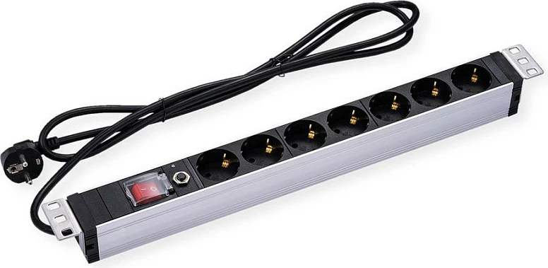 Shirit prizash rack 19" VALUE 7x Schuko, 1U, 3 m, me mbrojtje mbingarkese, alumini/zi