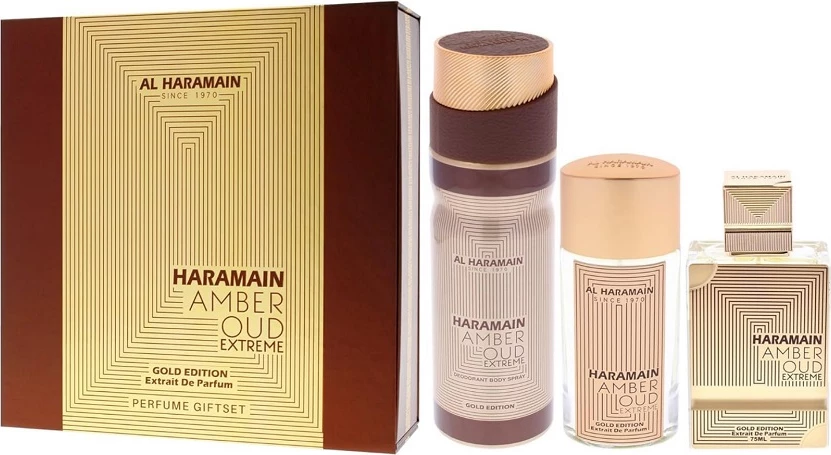 Eau de Parfum set Al Haramain Amber Oud Gold Edition Extreme 75ml + 30ml + deodorant spray 200ml