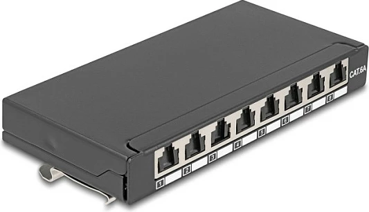 Patch panel rrjeti DeLOCK Mini Desktop, 8 porta RJ45 Cat6A i ekranizum, metal, montim DIN/mur/tavolinë, i zi