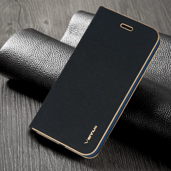 Mbështjellës flip HAVANA Premium për Samsung Galaxy A14, magnet, xhep për kartë, blu me skaj të artë