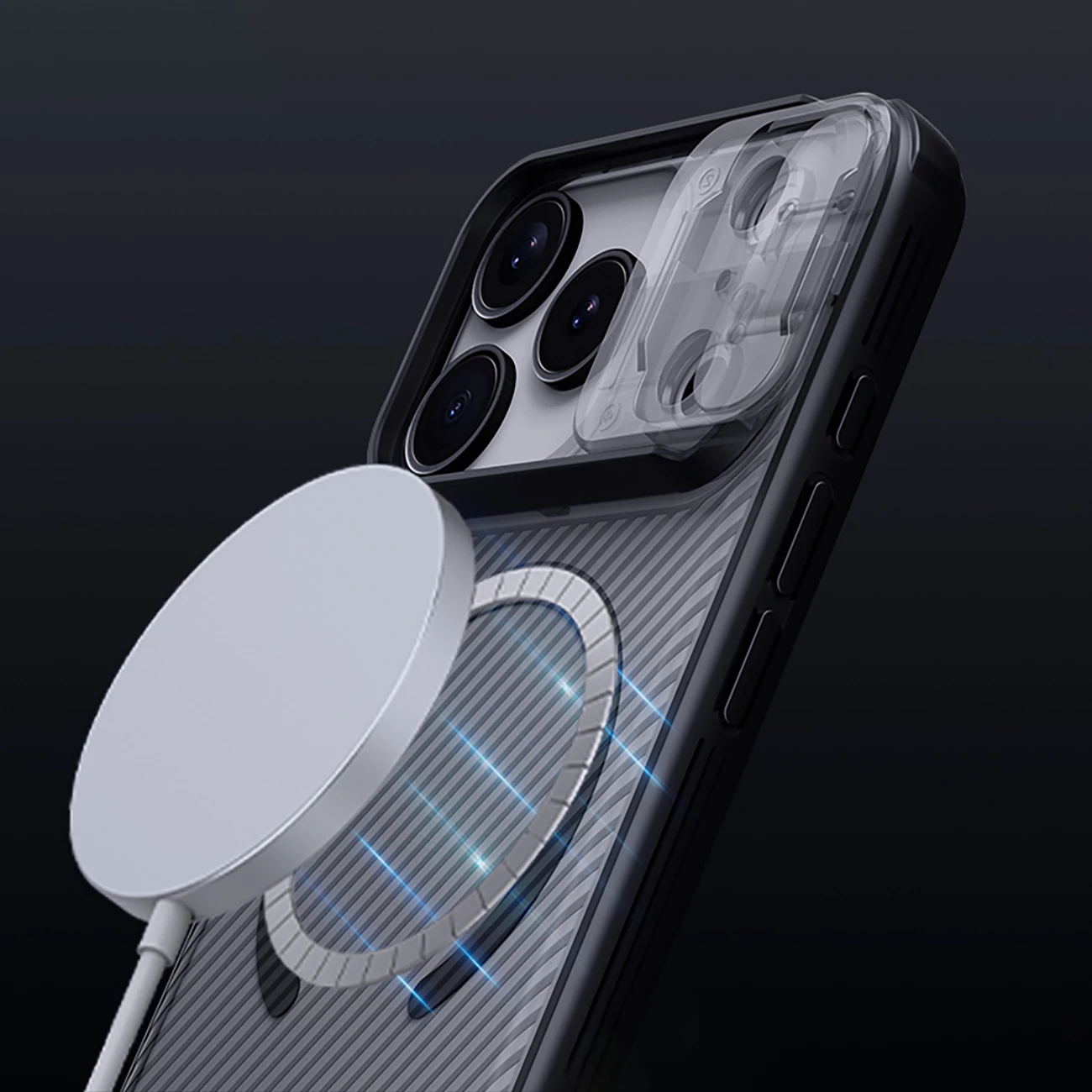 Mbështjellës Nillkin CamShield Pro MagSafe për iPhone 17 Pro Max, PC+TPU, magnet i integruar, kapak rrëshqitës i kamerës, transparent black