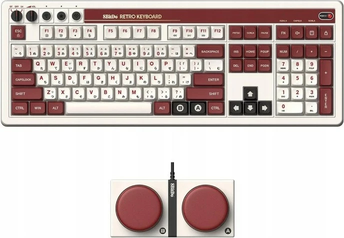 Tastierë mekanike 8BitDo Retro 108 Fami Edition me Dual Super Buttons, për PC, maroon dhe e bardhë