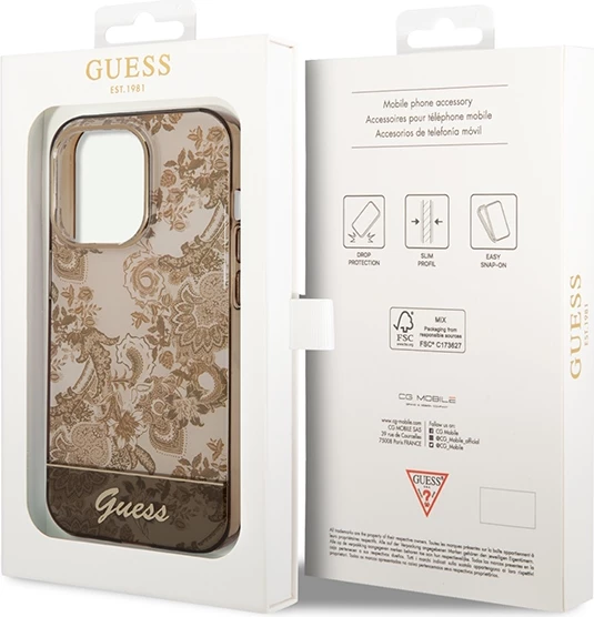 Mbështjellës Guess GUHCP14LHGPLHC për iPhone 14 Pro 6.1", Porcelain Collection, okër