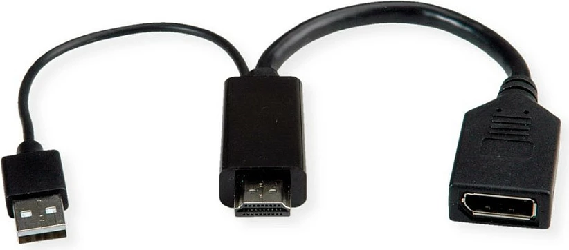 Adapter kabllo ROLINE 12.03.3147, HDMI+USB në DisplayPort, 0.15 m, 4K@60Hz, i zi