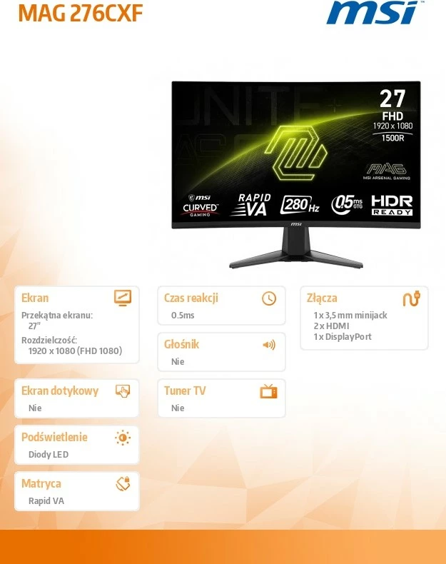 Monitor MSI MAG 276CXF 27" FHD i lakuar 280Hz, i zi