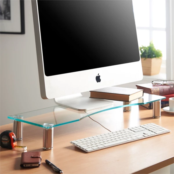 Mbajtës monitori VonHaus Glass Monitor Stand L 580x210mm, xham i temperuar 5mm, lartësi e rregullueshme 75-90mm, kapacitet 20kg, transparent