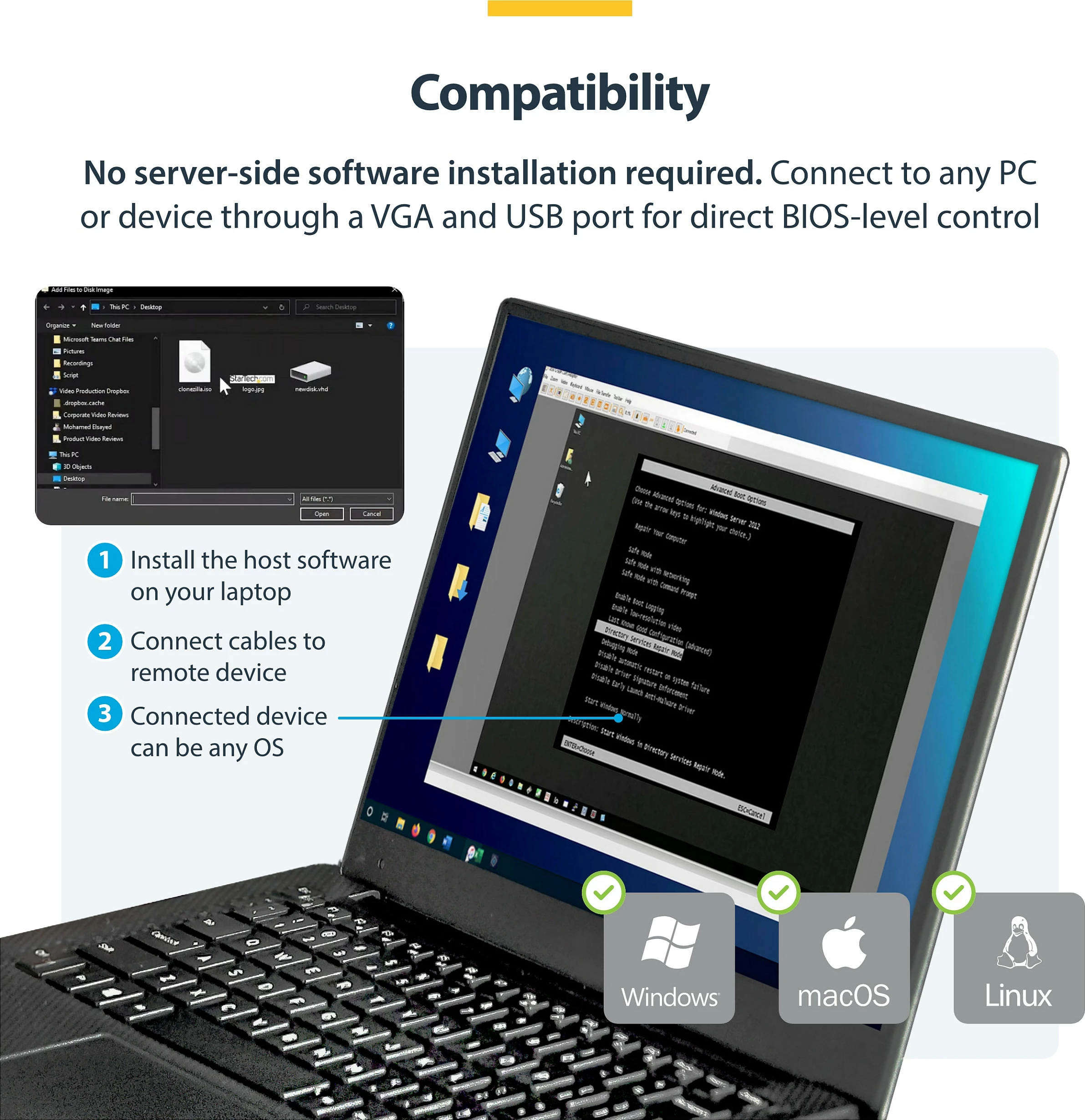 Adapter KVM StarTech NOTECONS02X, USB në VGA, 1920x1200 Full HD, me kabllo të integruara, i zi