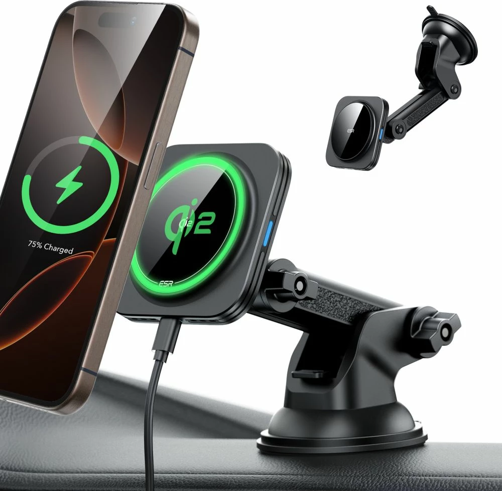 Mbajtës magnetik për veturë ESR HaloLock MagSafe Qi2 15W, i zi