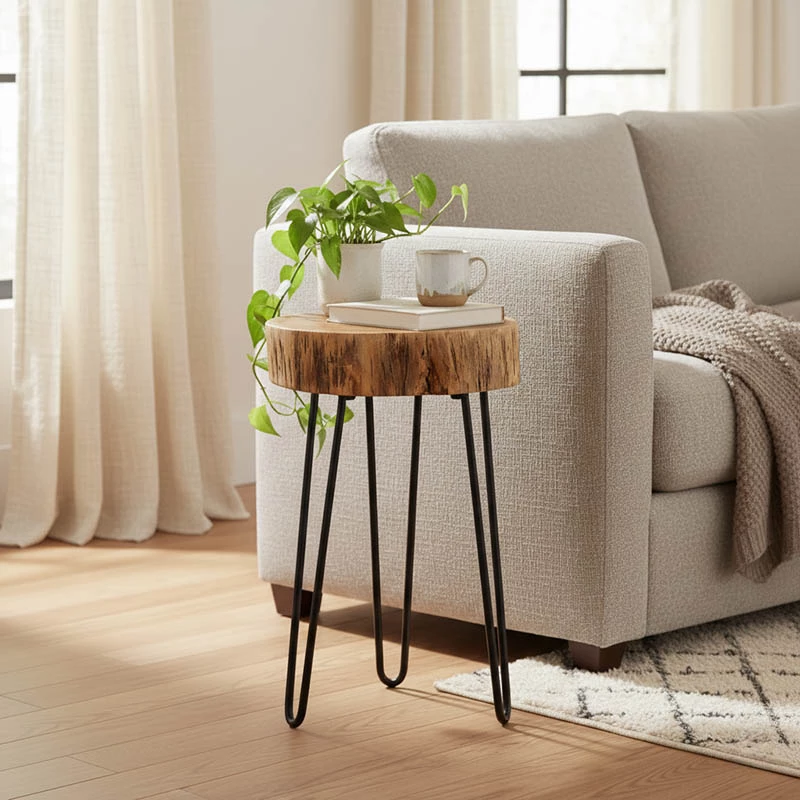 Tavolinë anësore Tripp, dru akacie natyrale, këmbë metalike të zeza, 32x30x47cm