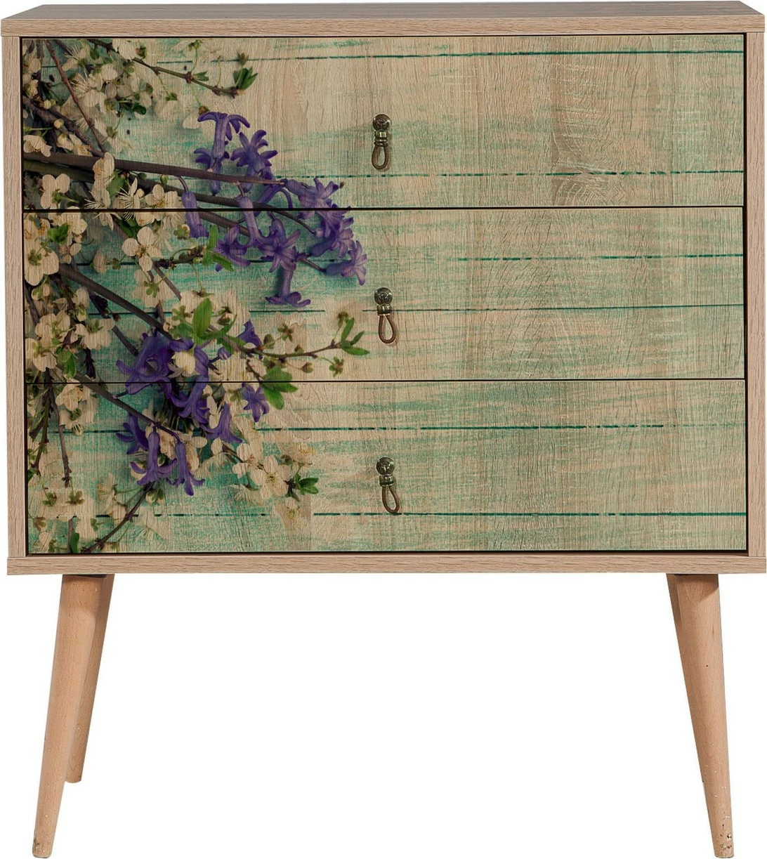 Komodë Hanah Home, Trio - 727, ngjyrë sonoma oak, dizajn me lule, 80x90x40 cm