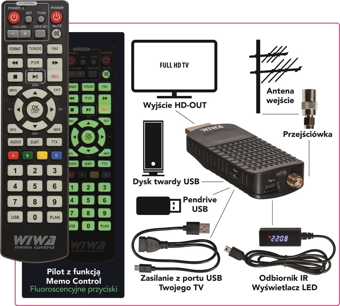 Tuner DVB-T/T2 WIWA H.265 MINI LED, i zi