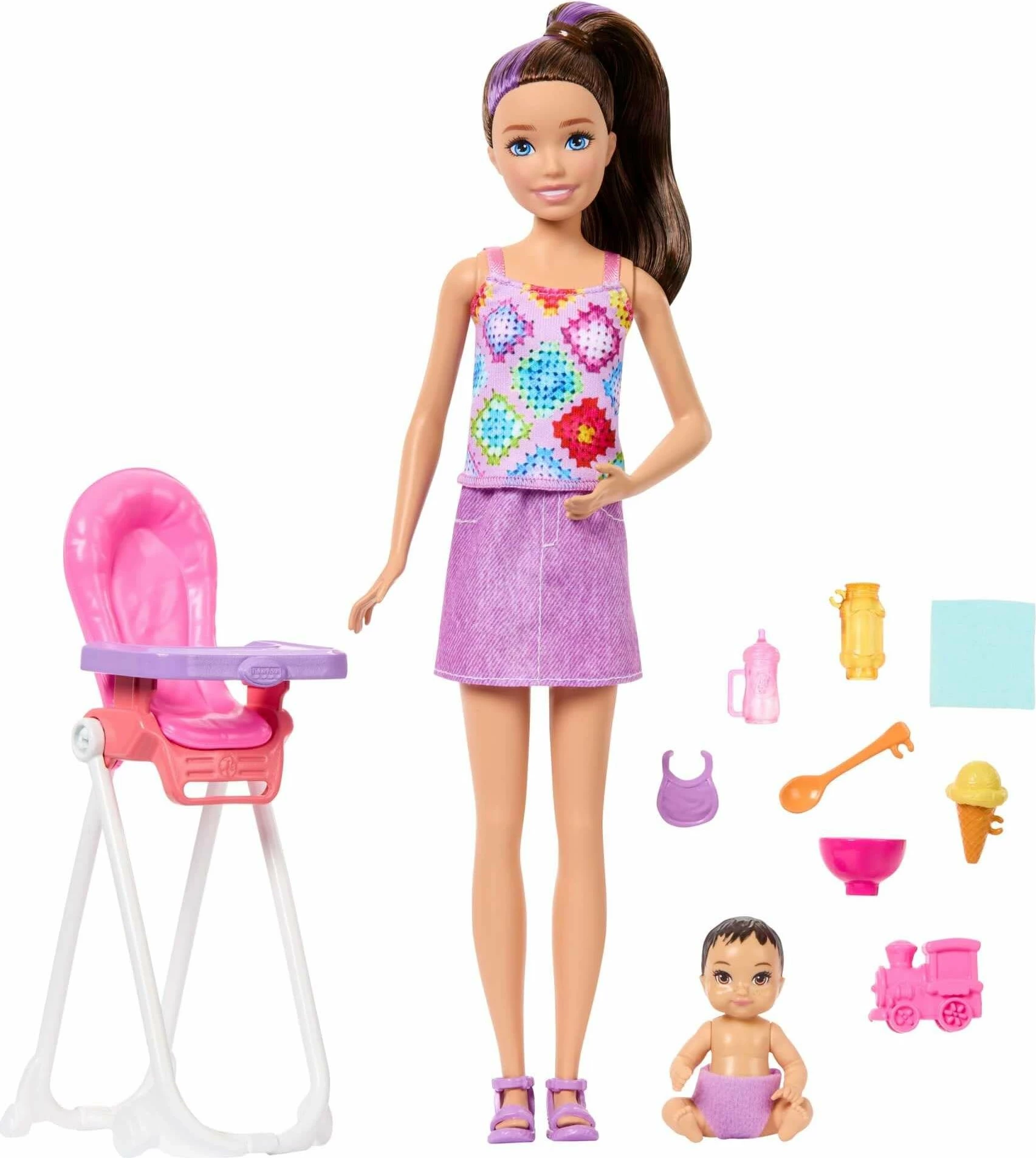 Set kukullash Mattel Barbie Skipper Babysitters Club JJB44, 2 kukulla me bebe, karrige ushqimi dhe 8 aksesorë