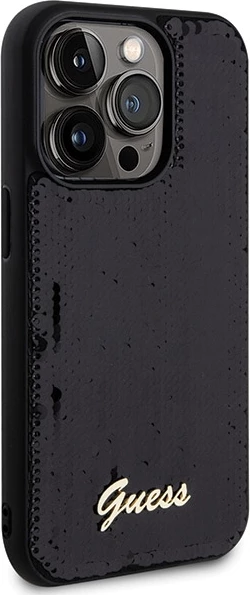 Mbështjellës Guess Sequin Script Metal për iPhone 13 Pro / 13, e zezë