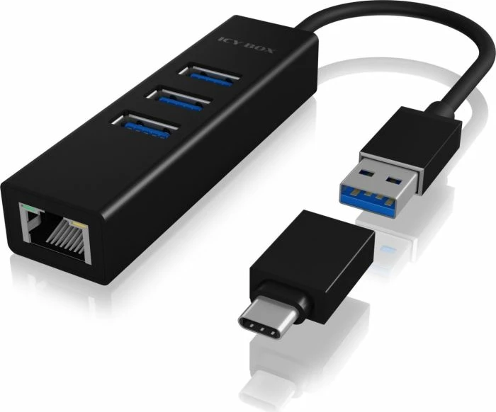 Hub USB + kartelë rrjeti LAN ICYBOX IB-HUB1419-LAN, 3x USB-A 3.0, Gigabit RJ-45, USB-A/USB-C, e zezë