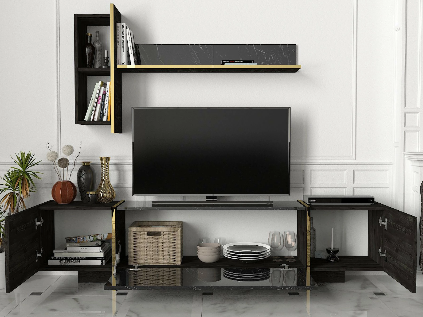 Komodë TV Skye Decor, e zezë, ari, Veyron