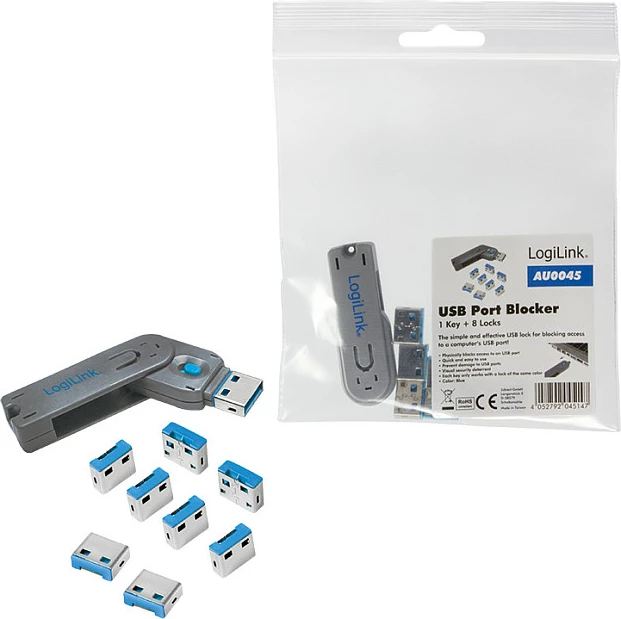 Bllokues porte USB-A LogiLink, 1 çelës + 8 bllokues, gri/blu
