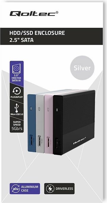 Kasë Qoltec 52278 për SSD/HDD 2.5", USB 3.0, 2TB, Argjendtë