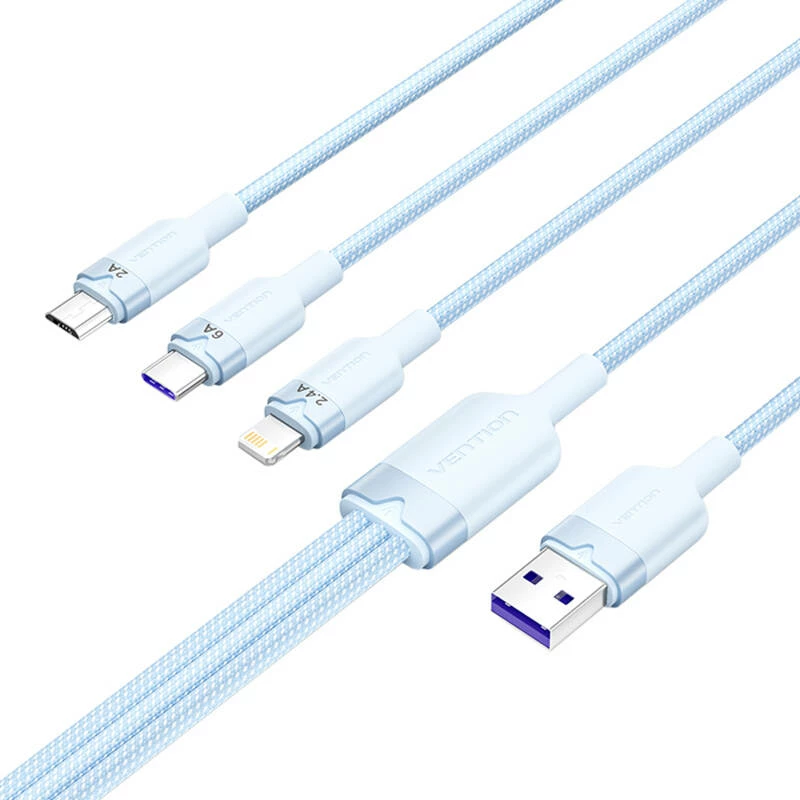 Kabllo 3-në-1 Vention CTRLG, USB 2.0 A në USB-C/Lightning/Micro-B, 1.5m, Kaltër