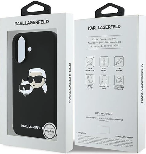 Mbështjellës Karl Lagerfeld Silicone Double Heads Print MagSafe për iPhone 16 Plus, i zi