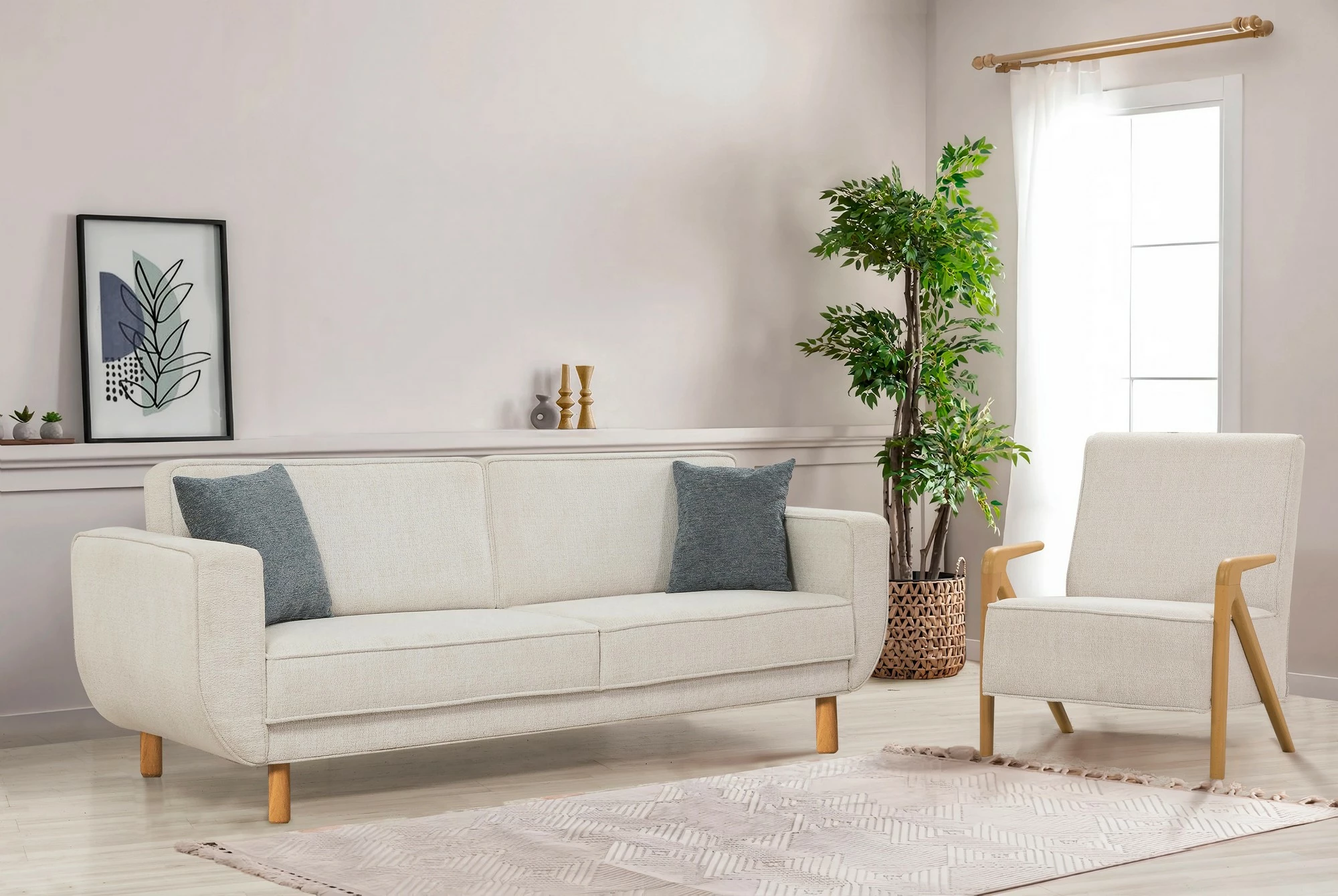 Set divan-krevat Atelier del Sofa, Larus Wood, ngjyrë lisi dhe krem