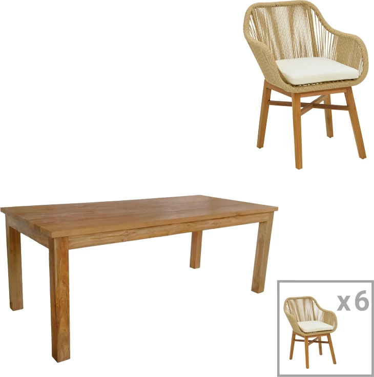 Tavolinë me karrige Kalie-Wooly 7 copë, hije natyrale-bezhë, 220x90x75cm