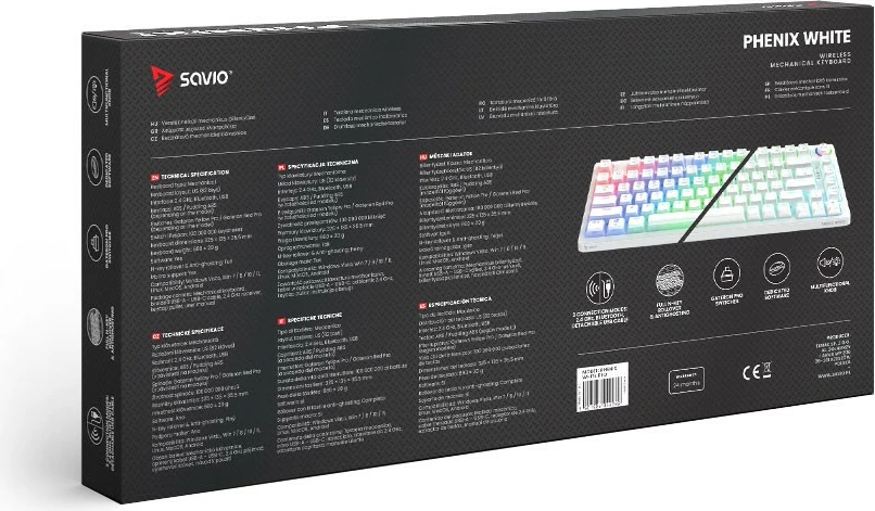 Tastierë mekanike wireless Savio Phenix White, Gateron Yellow, Pudding, RGB