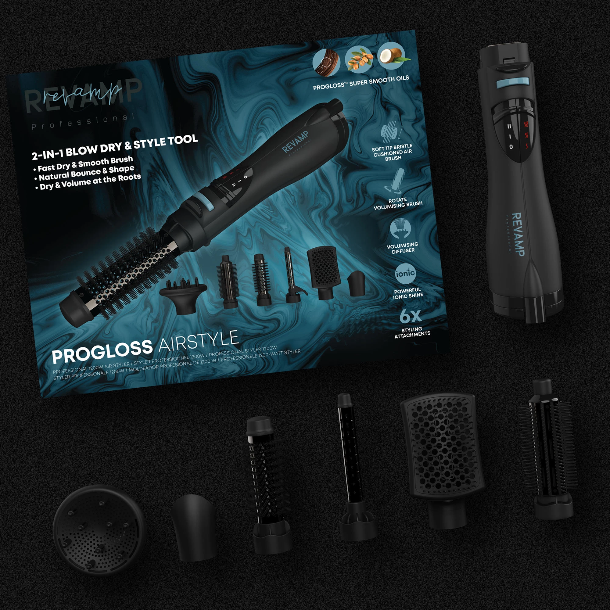 Stajler me ajër të ngrohtë për flokë Revamp Progloss Airstyle DR-1250 1200W 6-në-1, e zezë