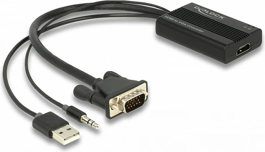 Adapter DeLOCK HDMI në VGA me audio 3.5mm + USB, 25cm, 1080p, i zi