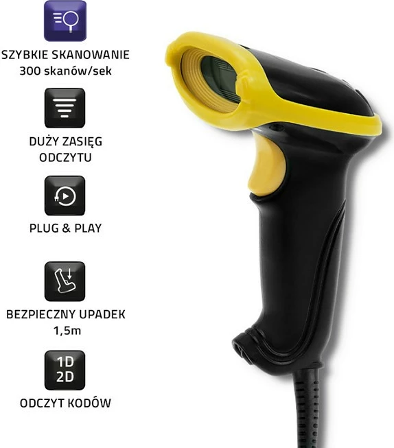 Skaner barkodi me lazer Qoltec 50867, 1D/2D, USB, zi/verdhë