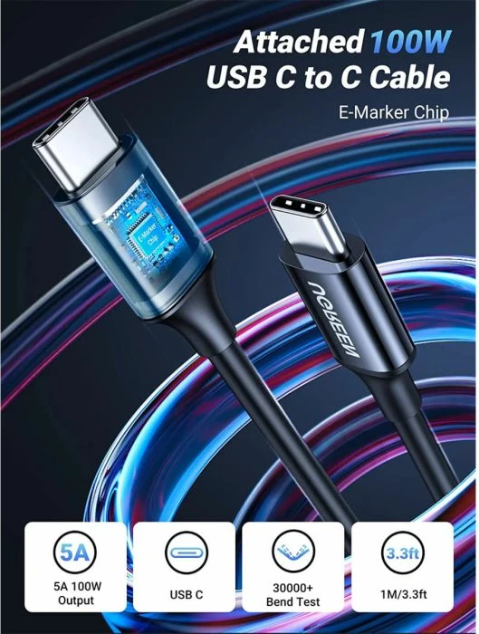 Karikues makine UGREEN 55511 130W 3-port (2x USB-C + USB-A), me kabllo USB-C 1m 100W, i zi