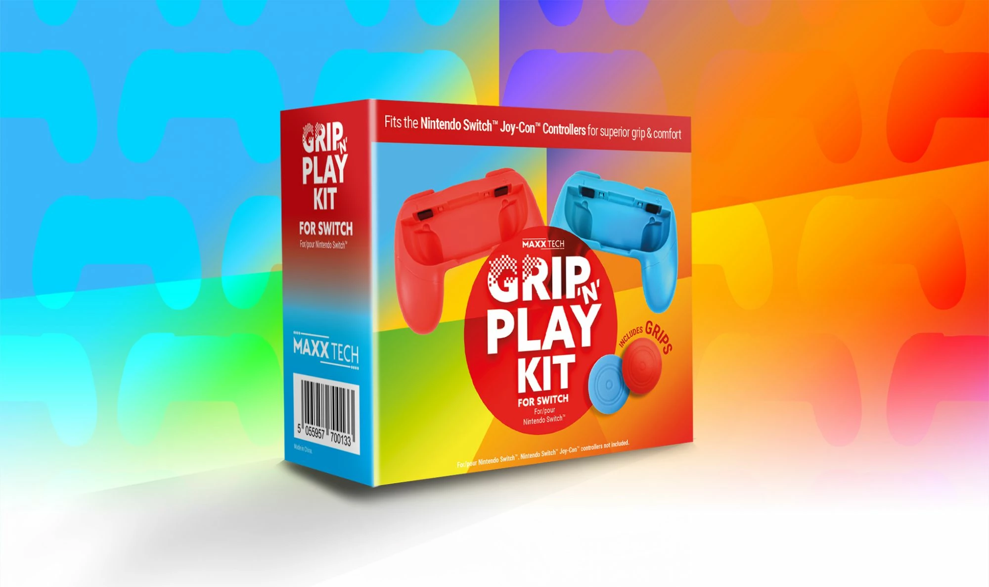 Set gripash për kontrollor MAXX TECH Grip 'n' Play Kit për Nintendo Switch Joy-Con, kuqe/blu (4 copë)