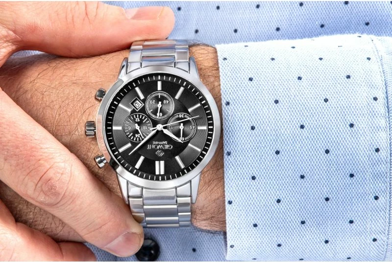 Orë dore meshkuj Giewont GW8510-B1, argjendtë me rrip çeliku, me kronograf, e zezë