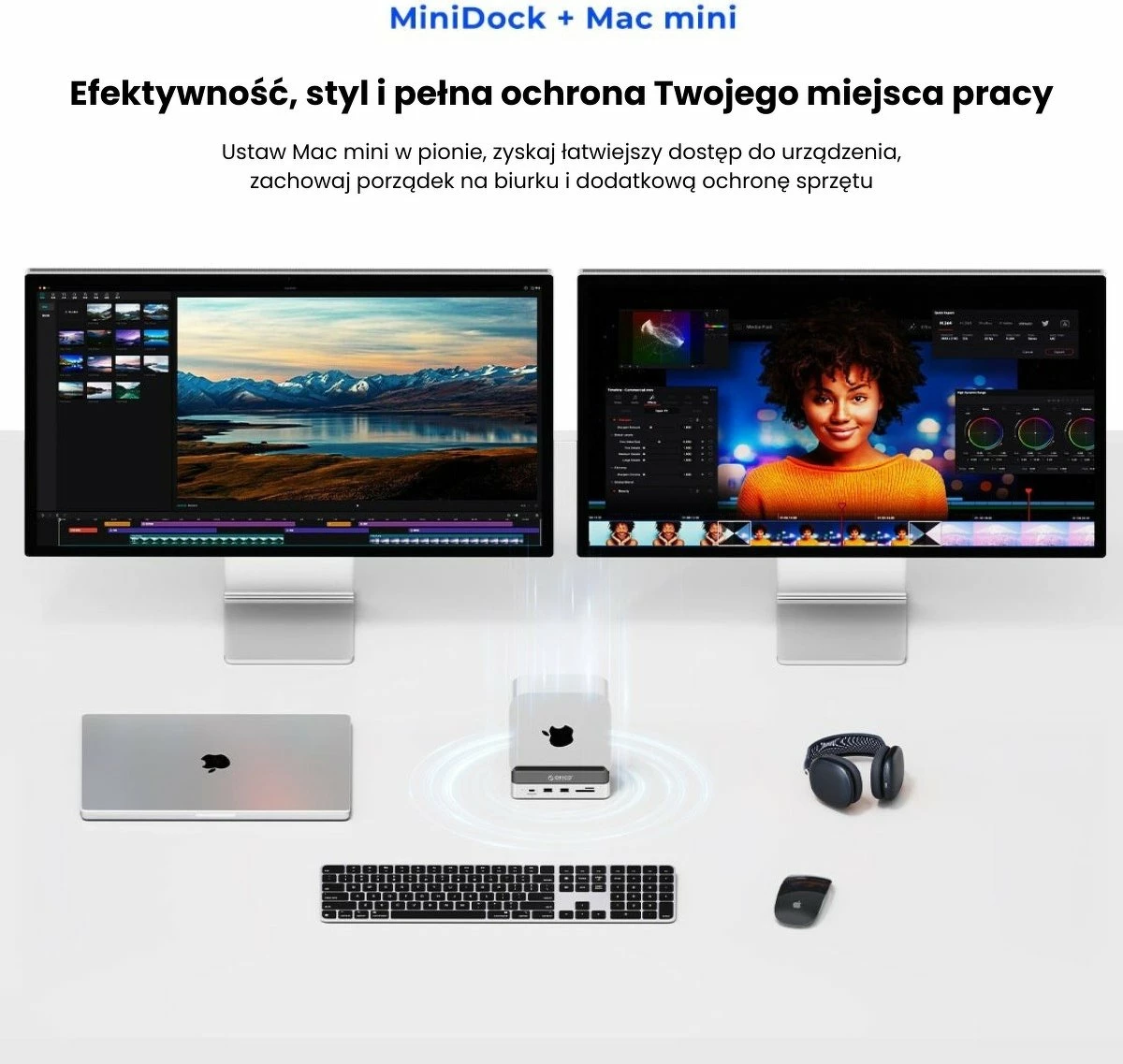 Docking station Orico MiniDock për Mac Mini M4, USB-C 10Gbps, me strehë M.2 NVMe/NGFF, HDMI 4K@60Hz, LAN, SD/microSD, PD 100W, vertikale, silver