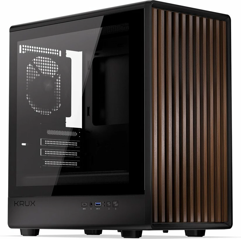 Kasë Krux Helio KRXD011 Mini Tower microATX/Mini-ITX, USB-A 3.0 + USB-C, panel anësor xham i temperuar, e zezë me dru