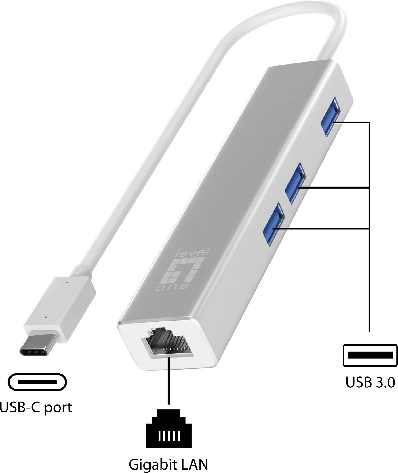 Adapter rrjeti USB-C LevelOne, Gigabit, me Hub USB, Argjendtë