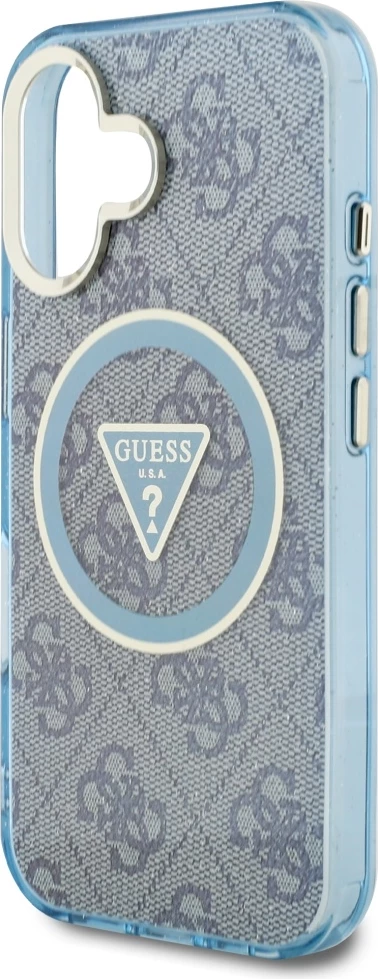 Mbështjellës Guess IML Metal Glitter 4G Circle Triangle MagSafe për iPhone 16, Kaltër
