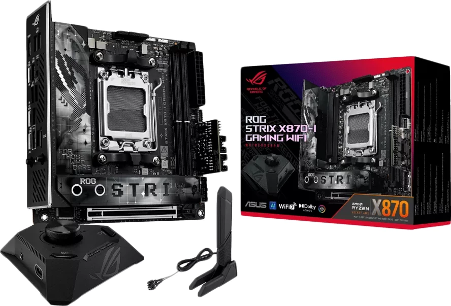 Pllakë amë ASUS ROG STRIX X870-I Gaming WiFi, AM5 Mini-ITX, DDR5, WiFi 7, 2.5GbE, 2x M.2, 2x SATA, USB4, e zezë, set me antena