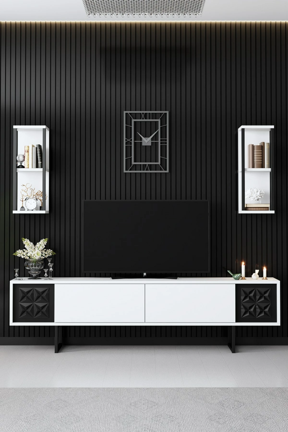 Komodë TV Skye Decor, vijë e zezë, e bardhë, e zezë