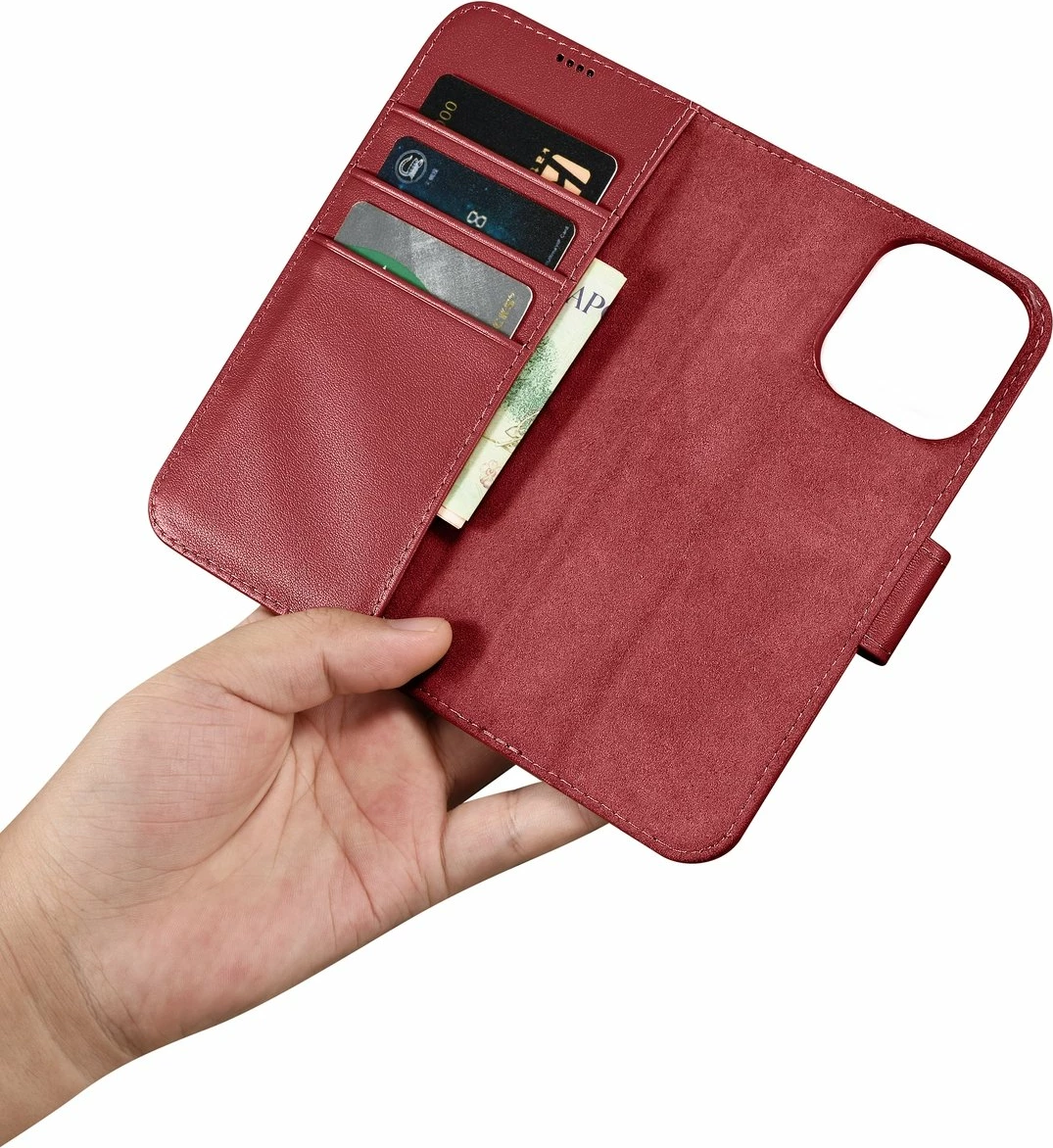 Mbështjellës iCarer Wallet Case 2in1 për iPhone 14 Pro Max, lëkurë, Anti-RFID, e kuqe