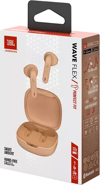 Kufje JBL Wave Flex wireless, 32 orë bateri, rezistente ujë/pluhur, bezhë