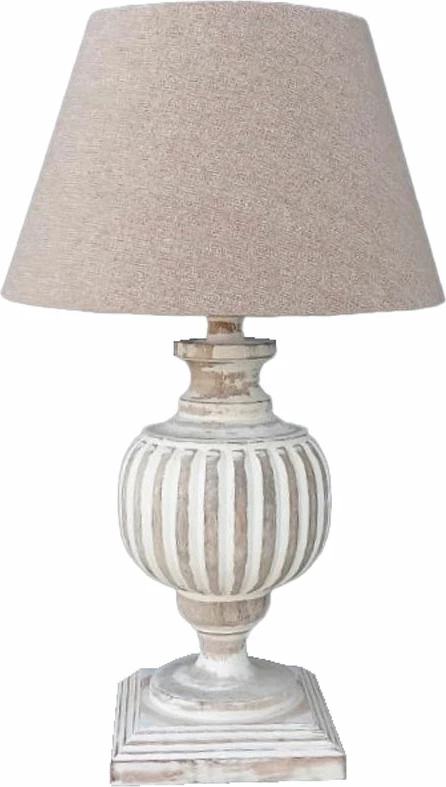 Llambë tavoline DAMIAN, dru, ngjyrë e bardhë antike, material stof bezhë, 17x17x60cm