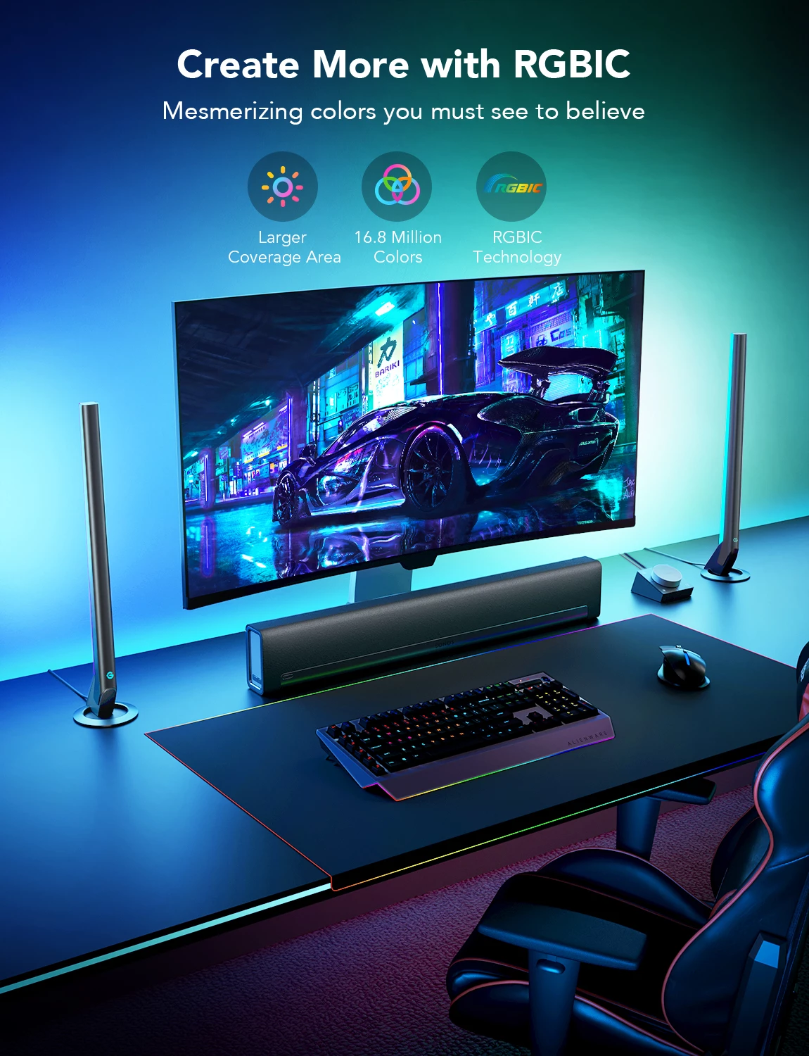Shufra ndriçimi gaming Govee RGBIC Gaming Light Bars Wi‑Fi/Bluetooth, me kontrollor smart, set 2 copë, e zezë