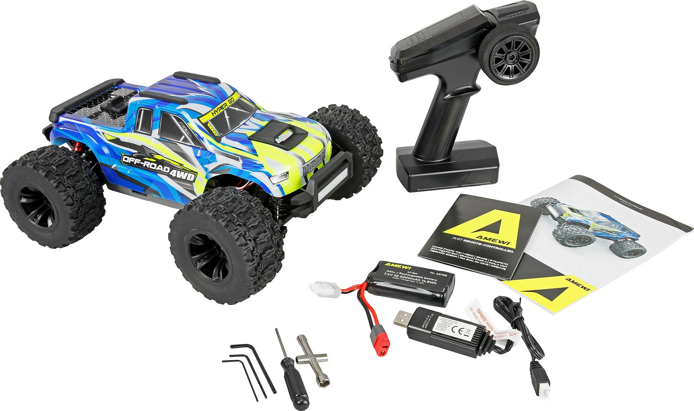 Monster truck RC AMEWI Hyper Go MTX14, brushless 4WD, 1:14 RTR, blu/bardhë/verdhe