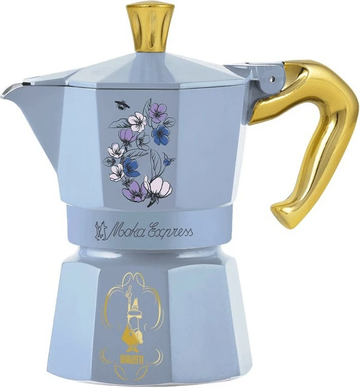 Moka Express Bialetti Bridgerton, 3 filxhanë, alumin, dorezë termoplastike, e zezë/blu/ari/vjollcë/verdhe