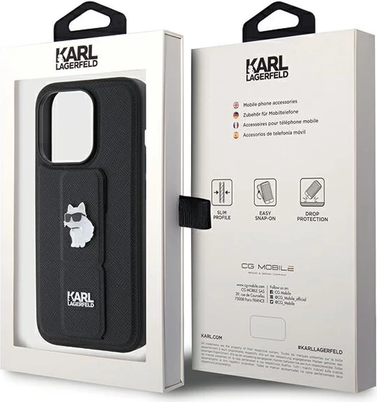 Mbështjellës Karl Lagerfeld Gripstand Saffiano Choupette Pins për iPhone 14 Pro, i zi